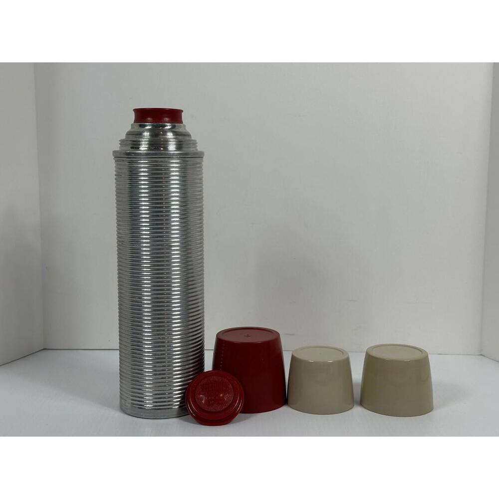Vintage 14”Tall Silver Thermos 3 Serving Cups Vaccuum Bottle Model 2484 Complete
